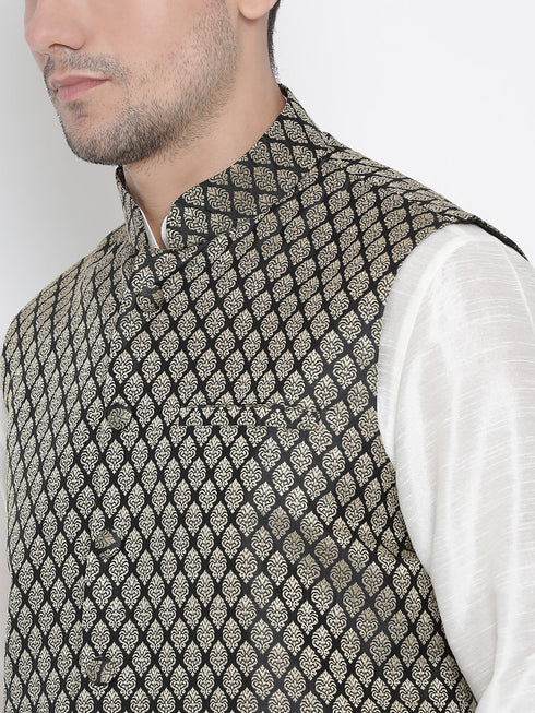 Vastramay Men's Black Silk Blend Jacket with Kurta Pyjama Set