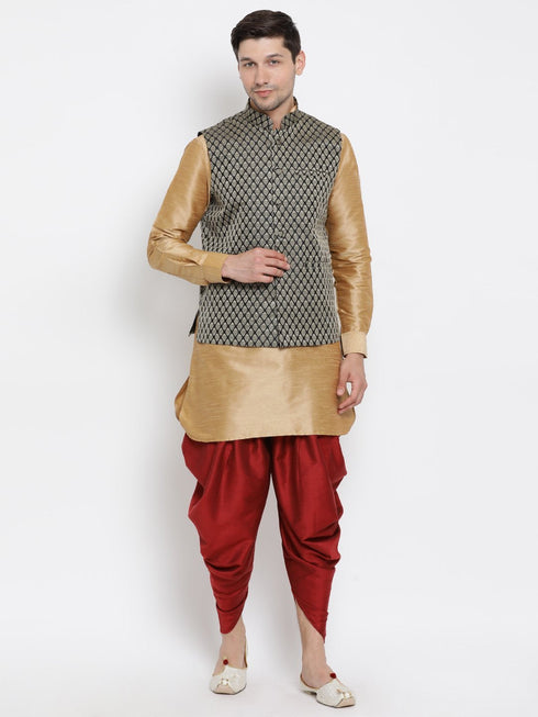 VASTRAMAY Men's Black Silk Blend Jacket With Curved Kurta Dhoti Set
