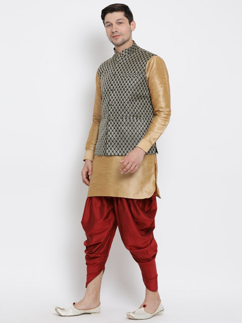 VASTRAMAY Men's Black Silk Blend Jacket With Curved Kurta Dhoti Set