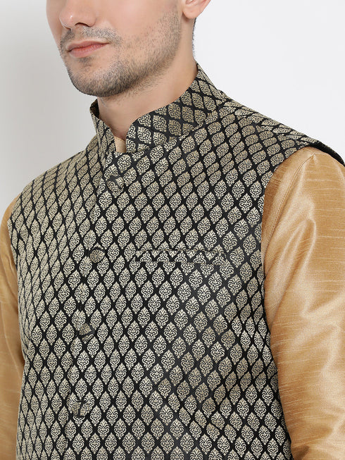 VASTRAMAY Men's Black Silk Blend Jacket With Curved Kurta Dhoti Set