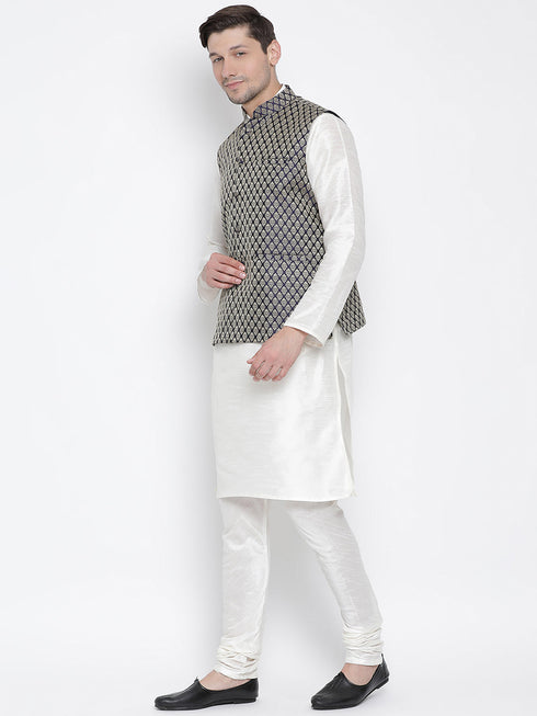 VASTRAMAY Men's Blue Silk Blend Jacket With Kurta Pyjama Set