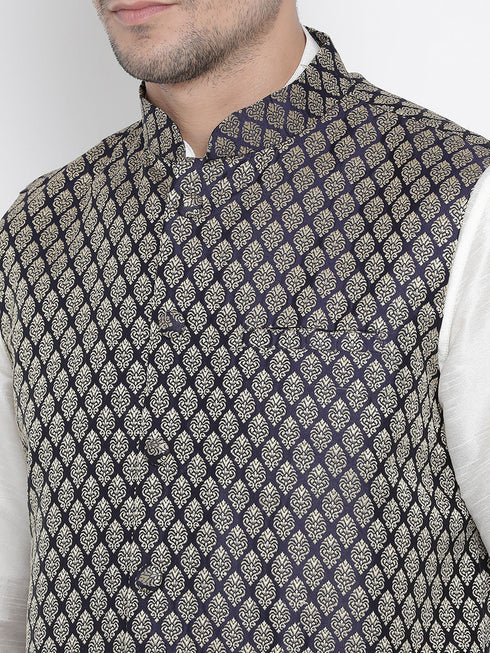 VASTRAMAY Men's Blue Silk Blend Jacket With Kurta Pyjama Set