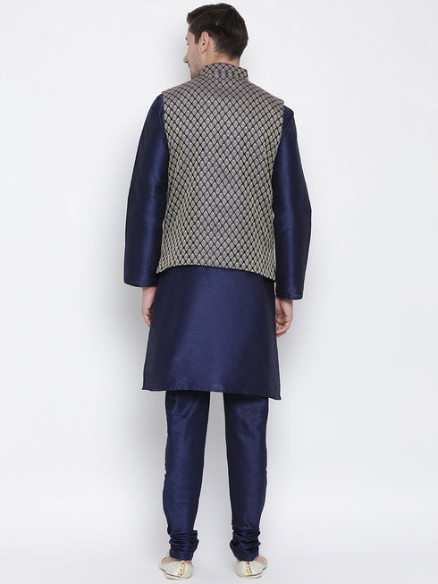 Vastramay Navy Blue and Gold Silk Blend Baap Beta Jacket Kurta Pyjama set
