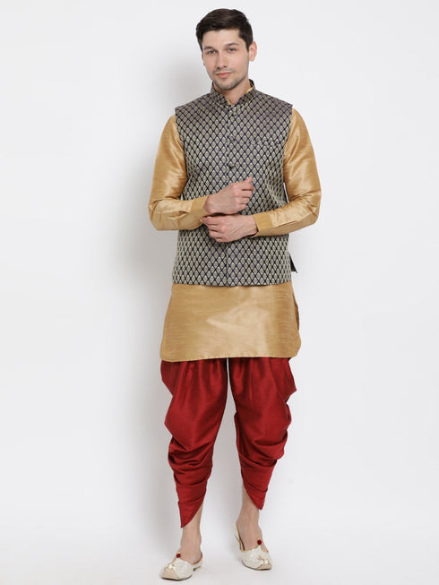 VASTRAMAY Men's Blue Silk Blend Jacket With Curved Kurta Dhoti Set