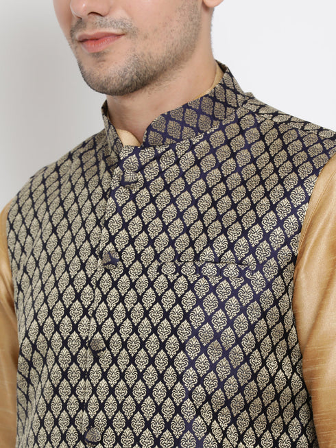 VASTRAMAY Men's Blue Silk Blend Jacket With Curved Kurta Dhoti Set