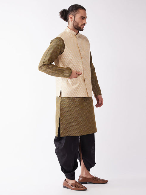 Vastramay Men's Cream Silk Blend Jacket With Kurta Dhoti Set