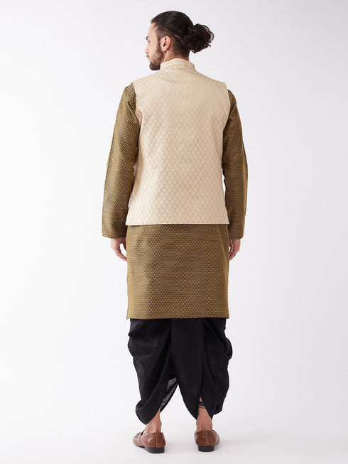 Vastramay Men's Cream Silk Blend Jacket With Kurta Dhoti Set