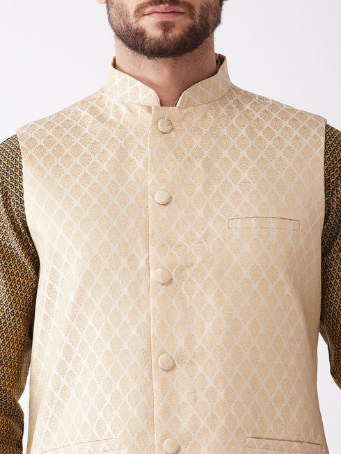 Vastramay Men's Cream Silk Blend Jacket With Kurta Dhoti Set
