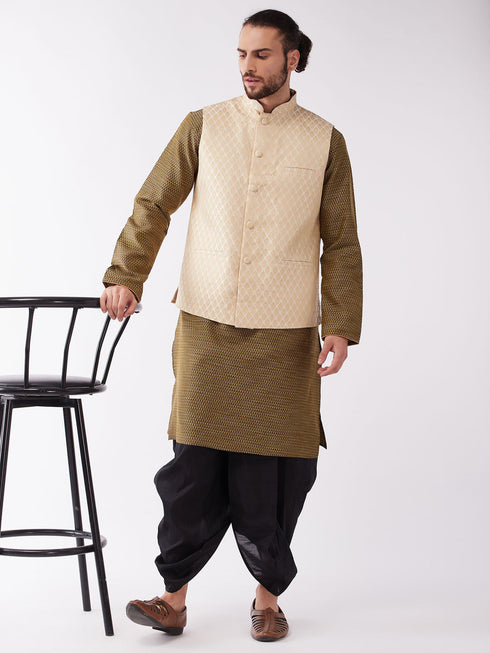 Vastramay Men's Cream Silk Blend Jacket With Kurta Dhoti Set