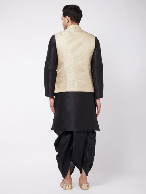 Vastramay Men's Black Silk Blend Jacket With Kurta Dhoti Set