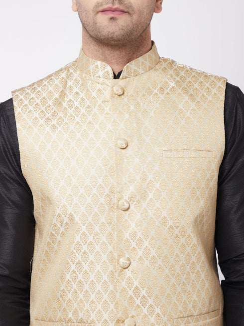 Vastramay Men's Black Silk Blend Jacket With Kurta Dhoti Set