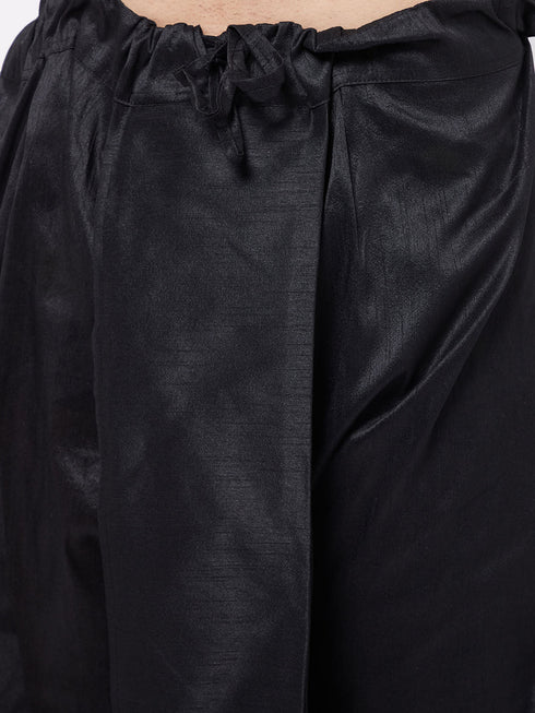 Vastramay Men's Black Silk Blend Jacket With Kurta Dhoti Set