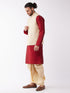 Vastramay Men's Maroon Silk Blend Jacket With Kurta Dhoti Set