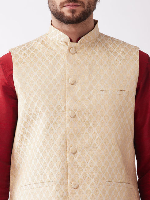 Vastramay Men's Maroon Silk Blend Jacket With Kurta Dhoti Set