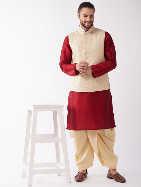 Vastramay Men's Maroon Silk Blend Jacket With Kurta Dhoti Set