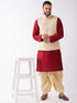 Vastramay Men's Maroon Silk Blend Jacket With Kurta Dhoti Set
