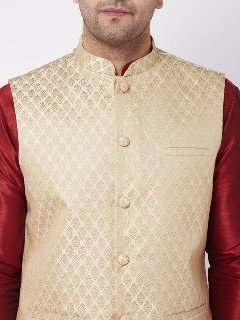 Vastramay Men's Cream Silk Blend Jacket With Kurta Dhoti Set