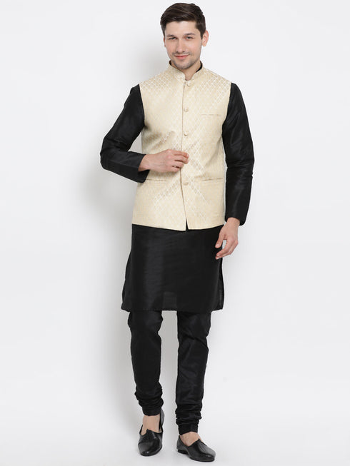 Vastramay Cream and Black Color Silk Blend Baap Beta Jacket Kurta Pyjama set