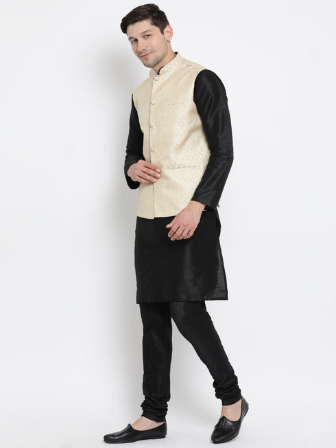 Vastramay Cream and Black Color Silk Blend Baap Beta Jacket Kurta Pyjama set