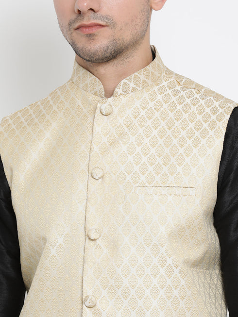 VASTRAMAY Men's Cream Silk Blend Jacket With Kurta Pyjama Set