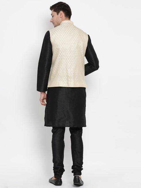 Vastramay Cream and Black Color Silk Blend Baap Beta Jacket Kurta Pyjama set
