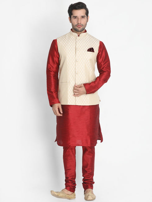 VASTRAMAY Men's Cream Silk Blend Jacket With Kurta Pyjama Set