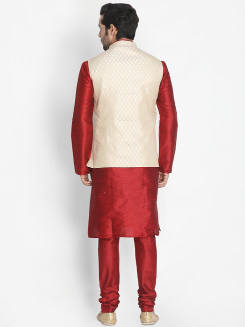 VASTRAMAY Men's Cream Silk Blend Jacket With Kurta Pyjama Set