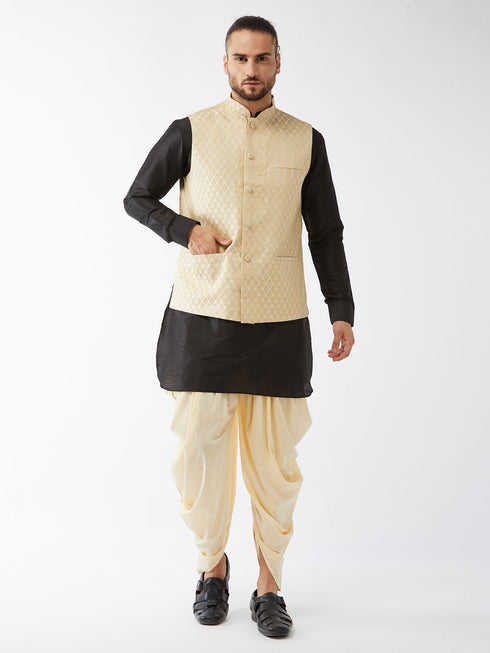 Vastramay Men's Cream Silk Blend Jacket With Curved Kurta Dhoti Set