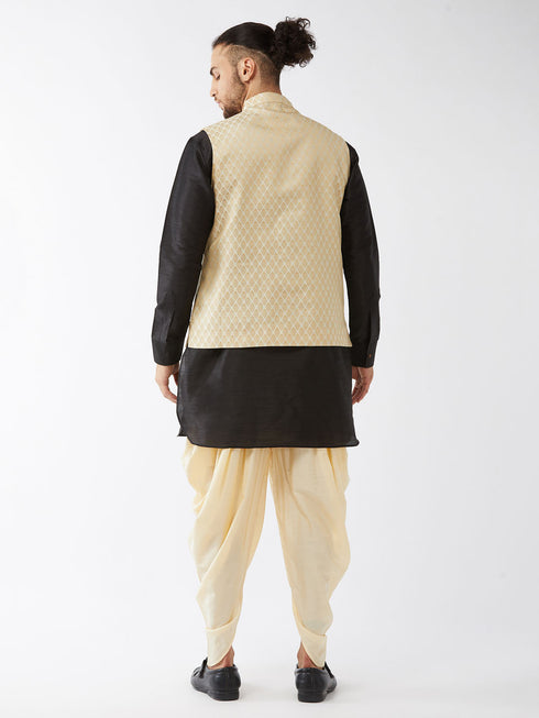Vastramay Men's Cream Silk Blend Jacket With Curved Kurta Dhoti Set