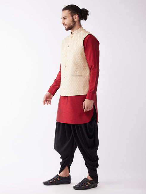 Vastramay Men's Gold Silk Blend Jacket With Curved Kurta Dhoti Set