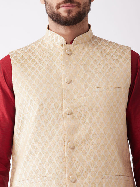 Vastramay Men's Gold Silk Blend Jacket With Curved Kurta Dhoti Set
