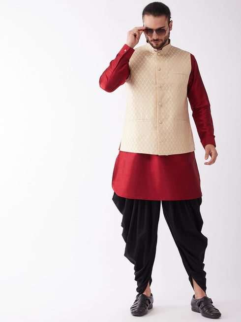 Vastramay Men's Gold Silk Blend Jacket With Curved Kurta Dhoti Set