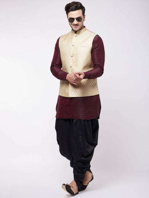 Vastramay Men's Cream Silk Blend Jacket With Curved Kurta Dhoti Set