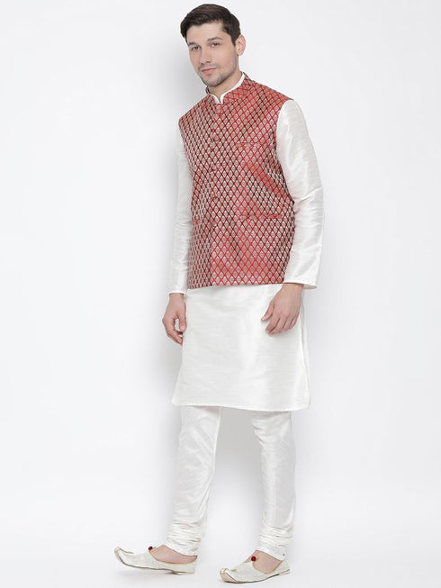 VASTRAMAY Men's Maroon Silk Blend Jacket With Kurta Pyjama Set