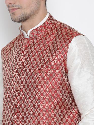 VASTRAMAY Men's Maroon Silk Blend Jacket With Kurta Pyjama Set