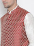 VASTRAMAY Men's Maroon Silk Blend Jacket With Kurta Pyjama Set
