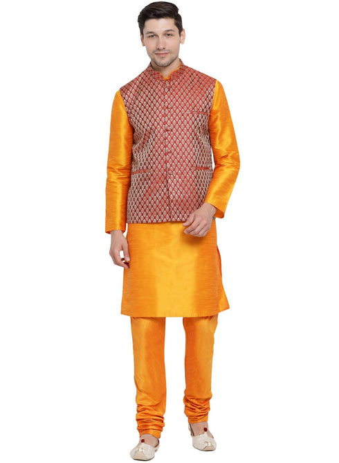VASTRAMAY Men's Maroon Silk Blend Jacket With Kurta Pyjama Set