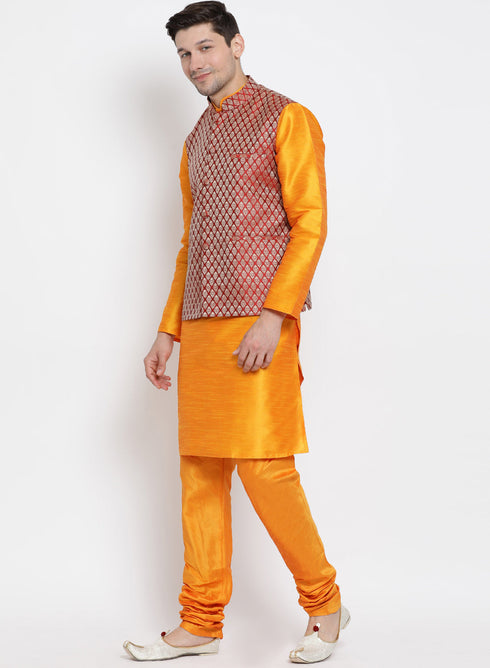 VASTRAMAY Men's Maroon Silk Blend Jacket With Kurta Pyjama Set
