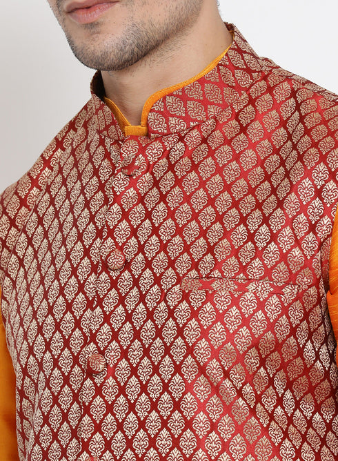 VASTRAMAY Men's Maroon Silk Blend Jacket With Kurta Pyjama Set