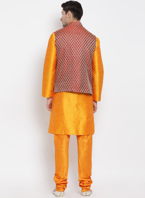 VASTRAMAY Men's Maroon Silk Blend Jacket With Kurta Pyjama Set