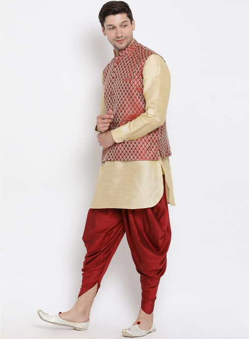 VASTRAMAY Men's Maroon Silk Blend Jacket With Curved Kurta Dhoti Set