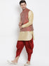 VASTRAMAY Men's Maroon Silk Blend Jacket With Curved Kurta Dhoti Set