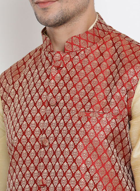 VASTRAMAY Men's Maroon Silk Blend Jacket With Curved Kurta Dhoti Set