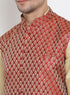 VASTRAMAY Men's Maroon Silk Blend Jacket With Curved Kurta Dhoti Set