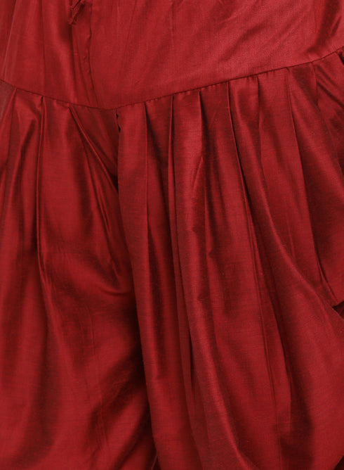 VASTRAMAY Men's Maroon Silk Blend Jacket With Curved Kurta Dhoti Set