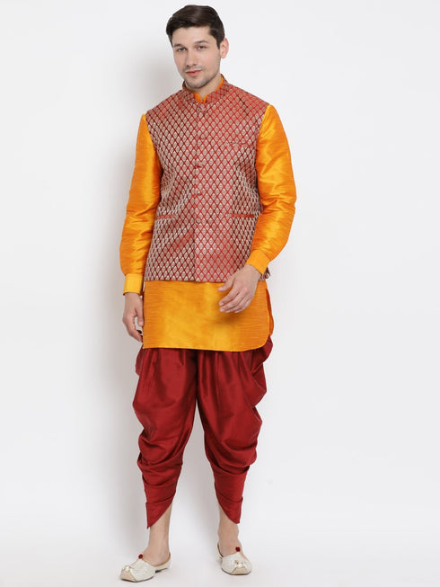 VASTRAMAY Men's Maroon Silk Blend Jacket With Curved Kurta Dhoti Set