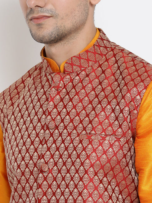 VASTRAMAY Men's Maroon Silk Blend Jacket With Curved Kurta Dhoti Set