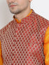 VASTRAMAY Men's Maroon Silk Blend Jacket With Curved Kurta Dhoti Set