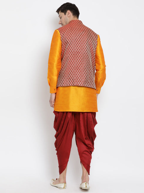 VASTRAMAY Men's Maroon Silk Blend Jacket With Curved Kurta Dhoti Set