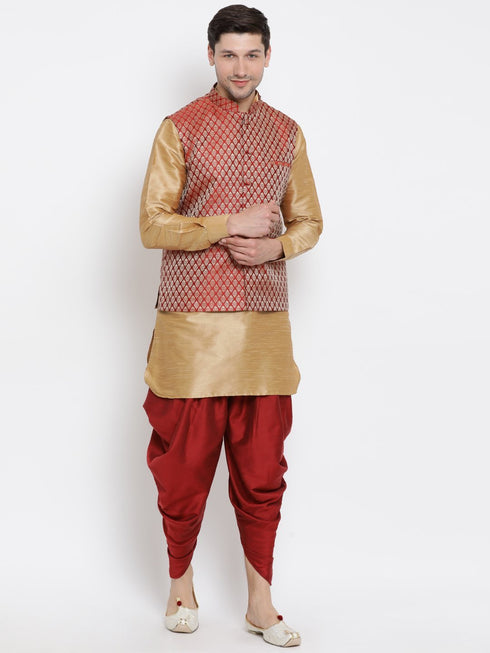 VASTRAMAY Men's Maroon Silk Blend Jacket With Curved Kurta Dhoti Set